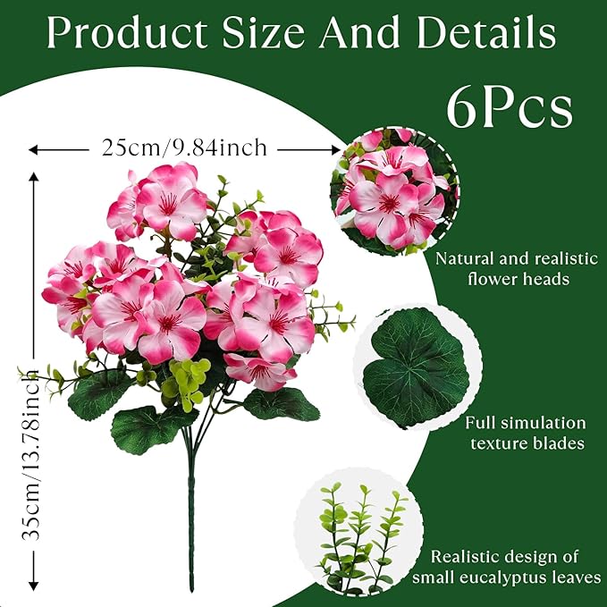 Artificial Geranium Flowers for Outdoor Decoration, 6 Bundles UV Resistant Silk Geranium Fake Plants Faux Flowers for Front Porch Garden Patio Window Box Outside Indoor Decor (Pink)