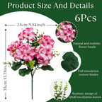 Artificial Geranium Flowers for Outdoor Decoration, 6 Bundles UV Resistant Silk Geranium Fake Plants Faux Flowers for Front Porch Garden Patio Window Box Outside Indoor Decor (Pink)
