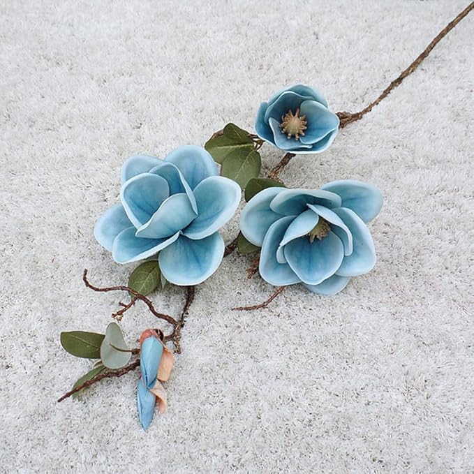 Big Magnolia Artificial Silk Flower Long Branch Living Room Home Wedding Decor Arrangement Autumn White Orchid Fake Plant,Blue