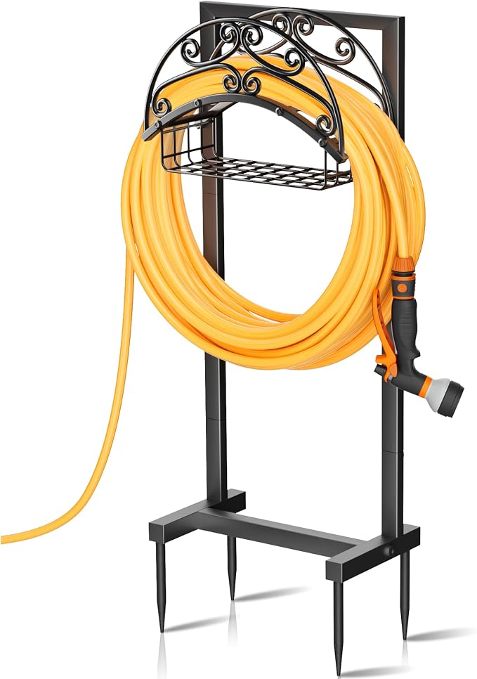 Gayuteay Garden Hose Holder – Water Hose Reel Stand with Storage Basket Holds 151ft, Heavy Duty Freestanding Garden Hanger Storage Rack for Outside Yard Lawn Farm