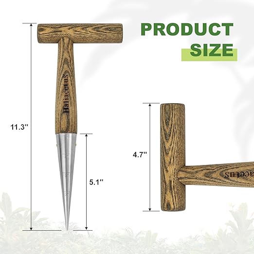 Haliaeetus Dibbler Gardening Tool with 5'' Measuring Scale, Easy to Grip L-Shaped Wood Handle Dibbler, Stamped Stainless Steel Tip Seed Dibber, 11.3'' Dibber for Sowing Seeds and Planting Seedlings