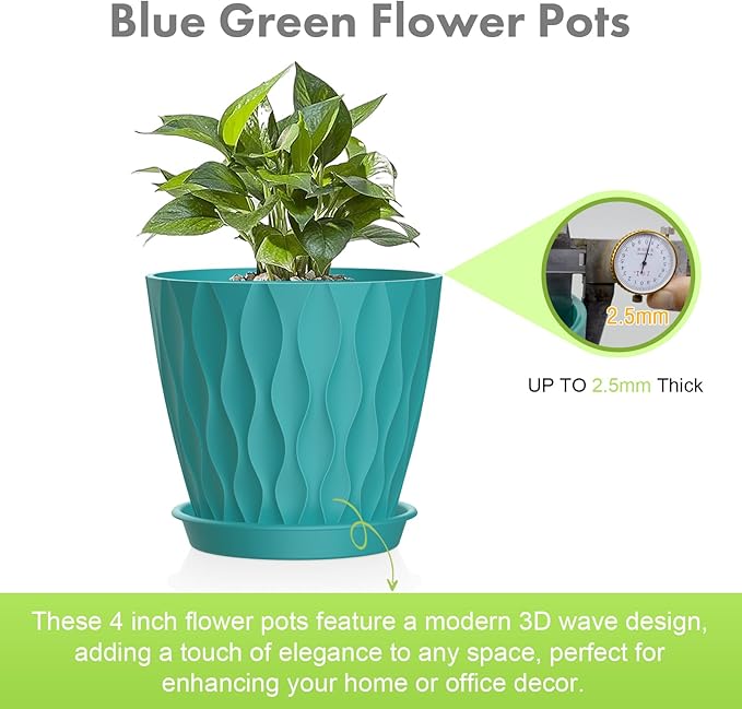 Meowell 4 inch Small Plastic Nursery Pots, 5 Pack Water Ripples Flower Pots for Indoor Plants, Plant Pots with Drainage Holes and Saucers, Seedling Starter Planters for House Plants, Blue Green