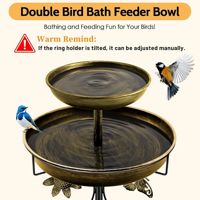 Daoeny Bird Bath for Outside, 42In Vintage Freestanding Birdbaths for Outdoors, Double Metal Bird Bath Feeder Bowls for Garden Patio Yard Lawn Decor, Upgraded 5-Pronged Base (Antique Golden)