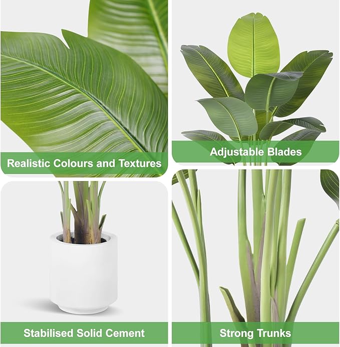Artificial Bird of Paradise Plant 4Ft Tall Fake Tropical Palm Tree Large Fake Plants with 9 Silk Banana Leaves Faux Plant Indoor Decor Trees with White Pot for Home Bedroom Living Room Office