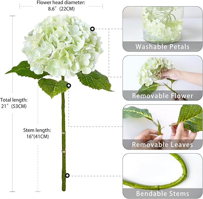 ZYTUYO 3 PCS Light Green Silk Artificial Hydrangea Flowers 21" Faux Large Real Touch Latex Floral Head with Long Stems Leaves for Wedding Home Kitchen DIY Bouquet Bride Decor