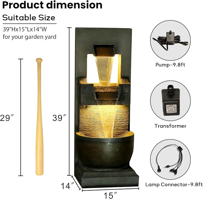 Bumilgar 39" H Modern Indoor Fountain with LED Lights and Pump, 3-Tier Standing Cascading Waterfall - Modern Design for Garden/Patio/Yard, Multi-Level Outdoor Decor 15“x14”x39“(Brown)