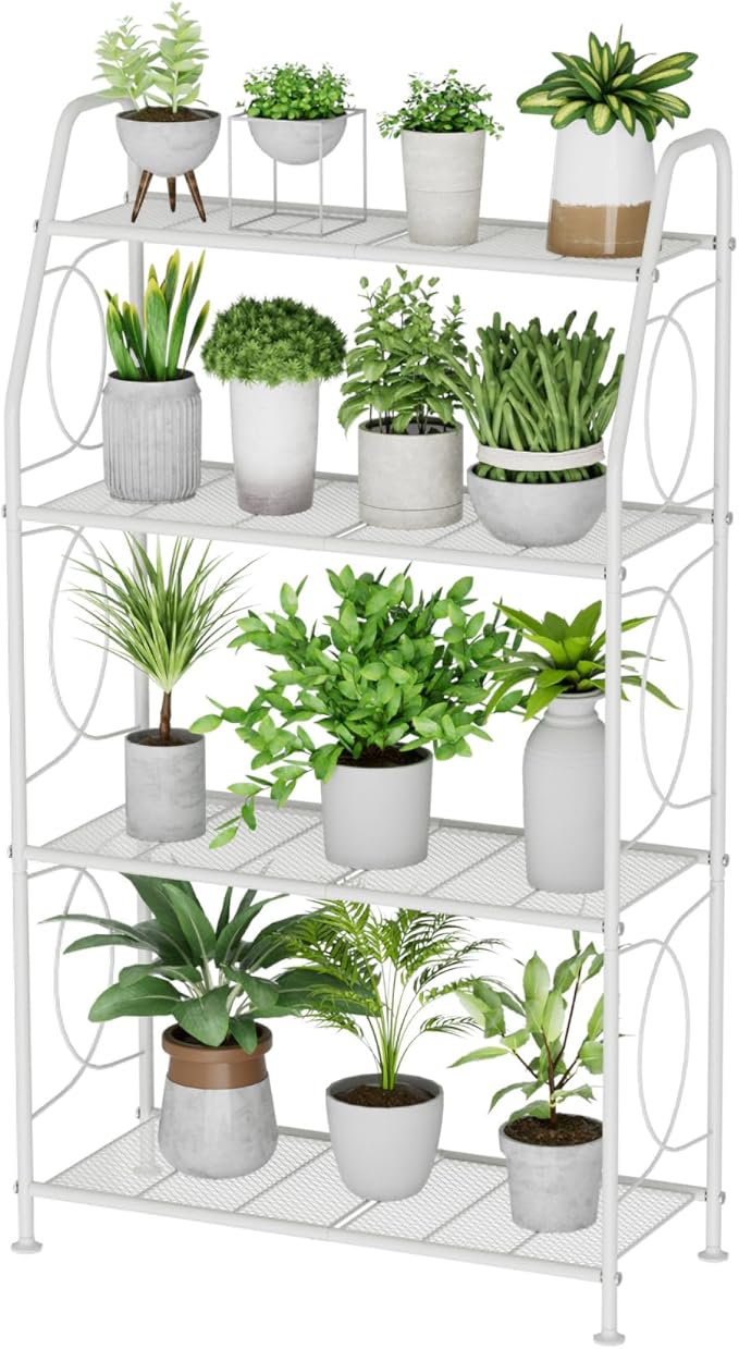 VyGrow Plant Stand, 4 Tier Plant Shelf for Indoor Outdoor, Heavy Duty Metal Tall Plant Stands Holder Rack for Living Room Balcony and Garden, White