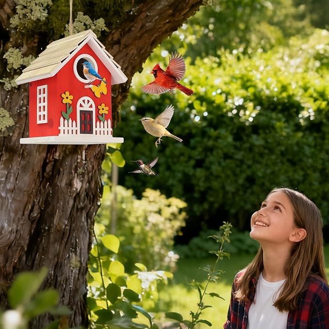 Wooden Bird Houses Bird House for Outside,Red Wood Bird House for Outdoors, Nesting Box with Sturdy Rope, Haing Bird Houses for Garden Blue Bird Hummingbird Wren Cardinal Swallow Sparrow Finch
