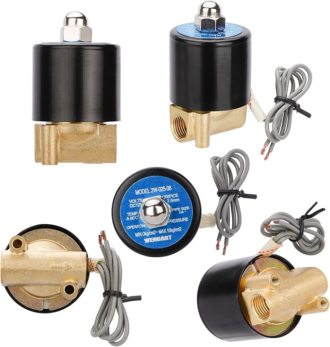 Wengart 1/4" Electric Solenoid Water Valve, DC 12V Normally Closed Brass Body, 2W-025-08 Direct Drive for Zero Pressure Systems, NPT Threaded Valve for Water, Air, Gas & Fuel