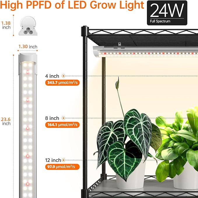 Bstrip Plant Stand with Grow Light, 5-Tier Plant Shelf with 4 Pack T8 Full Spectrum Grow Light for Indoor Plant Seed Starting, Winter to Spring Transition, Seed Tray, Timer & Wheels, 23.5"x13.8"x 59"