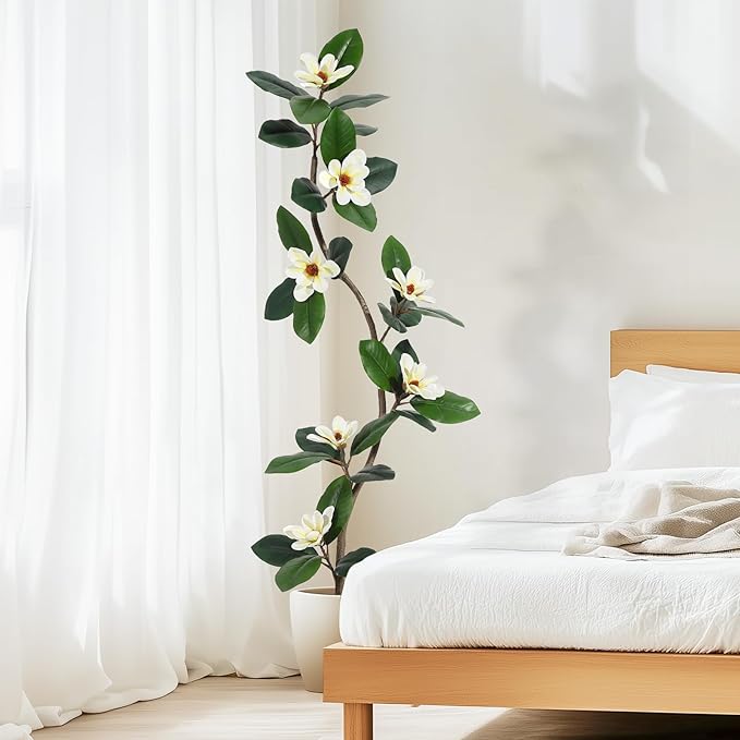 5ft Artificial Rubber Tree with 7 Pcs Magnolia Flowers,Tall Fake Tree with White Planter and Moss Decor,Faux Plants Indoor for Home Living Room Porch Decor