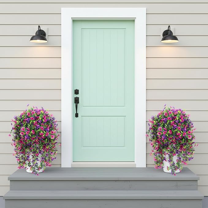 CEWOR 4pcs Artificial Hanging Plants for Outdoor, Fake Flowers Faux Silk Daisy with Eucalyptus, UV Resistant Realistic Faux Flower Greenery for Outside Indoor Home Porch Patio Decor, Purple