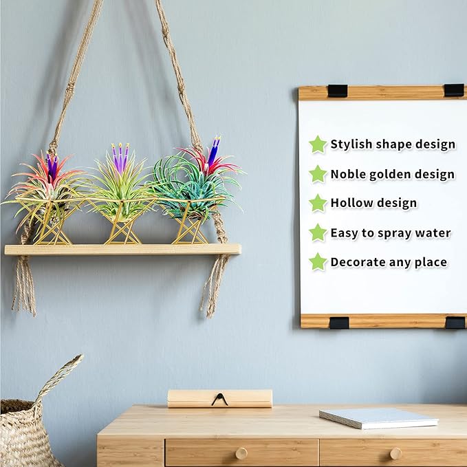 Funrous 12 Pcs Air Plant Holders Geometric Gold Airplants Rack Metal Geometric Decor Classic Modern Air Fern Plant Stands Mini Golden Planters Tillandsia Pot Containers for Office Home Wedding
