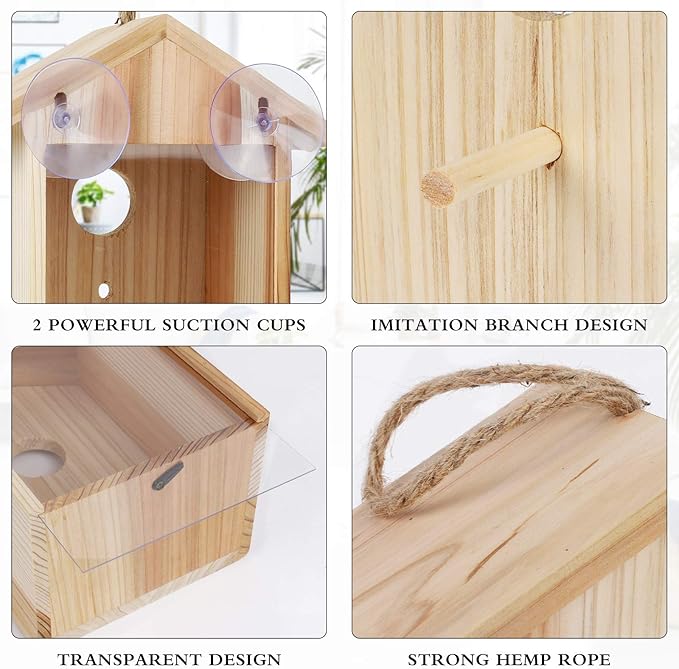 Window Bird House for Outside with Strong Suction Cup, Upgraded See Through Window Birdhouse for Viewing Inside, Wooden Bird Nesting Box for Bluebird Finch Chickadee Outdoors, Best Gift for Kids