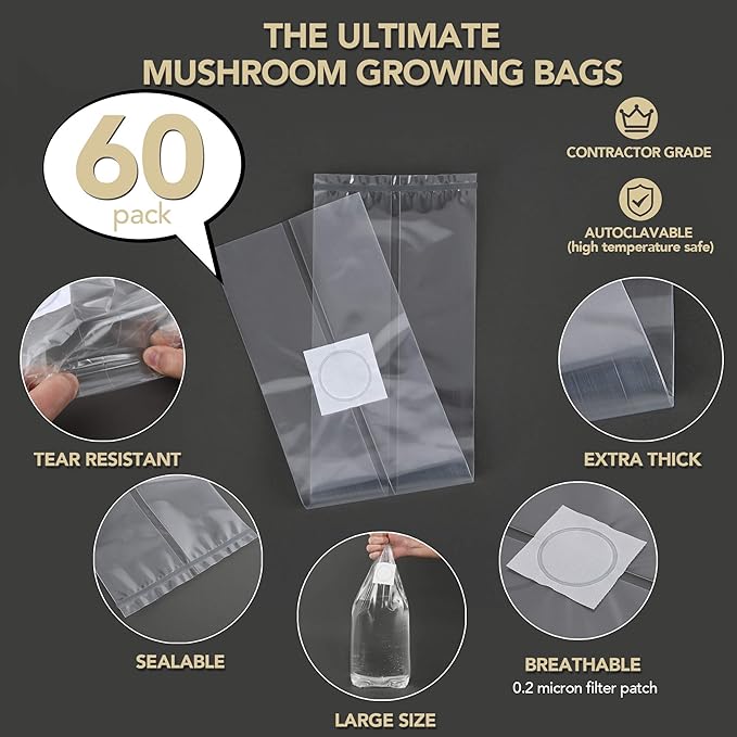 LOSTRONAUT 60-Pack Mushroom Grow Bags - Extra Strong, Large Autoclave Bags with 2 Micron Fiber for Spawn, CO2 Control, Cultivation Kit & Gardening Supplies - Mushroom Growing Kit