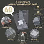 LOSTRONAUT 60-Pack Mushroom Grow Bags - Extra Strong, Large Autoclave Bags with 2 Micron Fiber for Spawn, CO2 Control, Cultivation Kit & Gardening Supplies - Mushroom Growing Kit