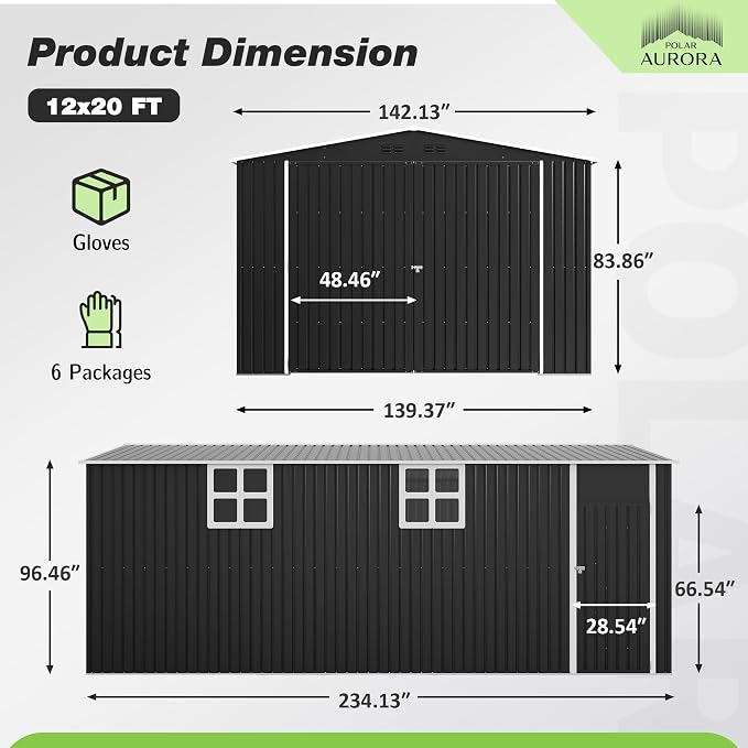 Polar Aurora 12x20 FT Outdoor Storage Shed, Large Garden Shed with 2 Windows & Lockable Doors, Garage Car Shelter with Side Door & Air Vents for Backyard Garden Patio Lawn, Cars Trucks Boat, Black