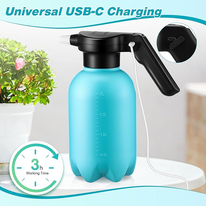 Electric Spray Bottle Plant Mister for Indoor Outdoor Plants, 0.5 Gallon Automatic Watering Can Rechargeable Battery Powered Sprayer with Adjustable Spout for Gardening, Cleaning (Blue Style)