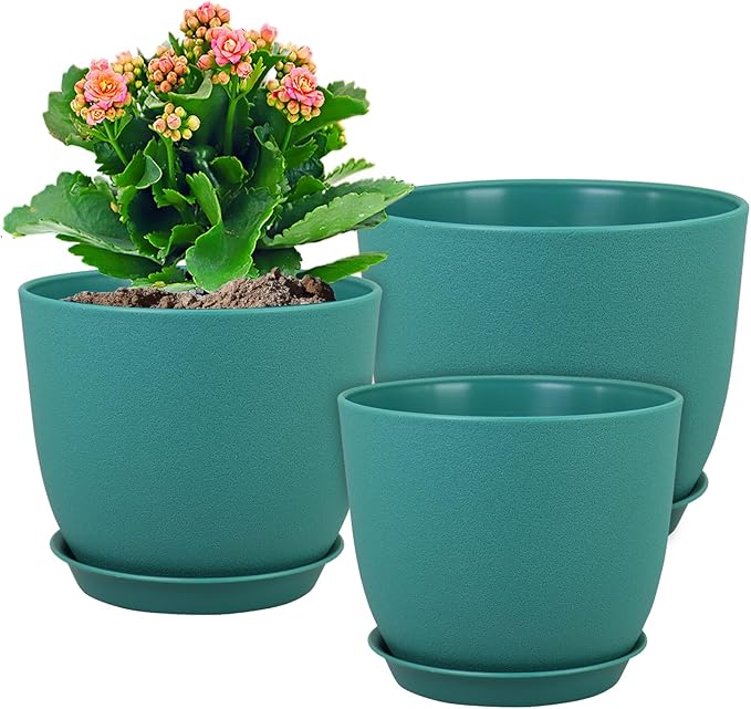 WSMKSZ Flower Pots 10/9/8 inch, Set of 3 Modern Decorative Plastic Planters with Drainage Holes and Tray for House Plants Indoor Flowers Plants, Plant Pots for Indoor Outdoor Plants, Blue Green