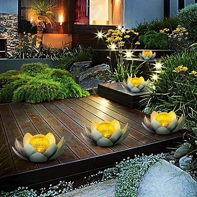 Huaxu Garden Solar Light Outdoor, Amber Crackle Globe Glass Lotus Decoration, Waterproof Gray Metal LED Flower Lights for Patio,Lawn,Walkway,Tabletop,Ground…