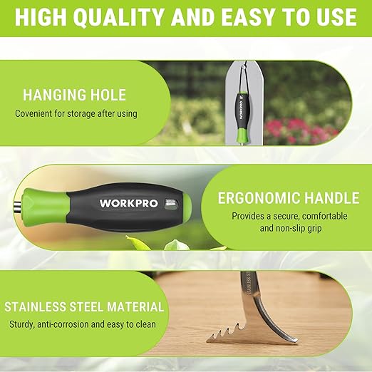 WORKPRO 3-Piece Weed Puller Tool Set – 15" 6-Tine Weed Remover, 12" Hand Weeder, 12.5" Crack Weeder, Stainless Steel with Ergonomic Handle for Lawn, Garden, Yard