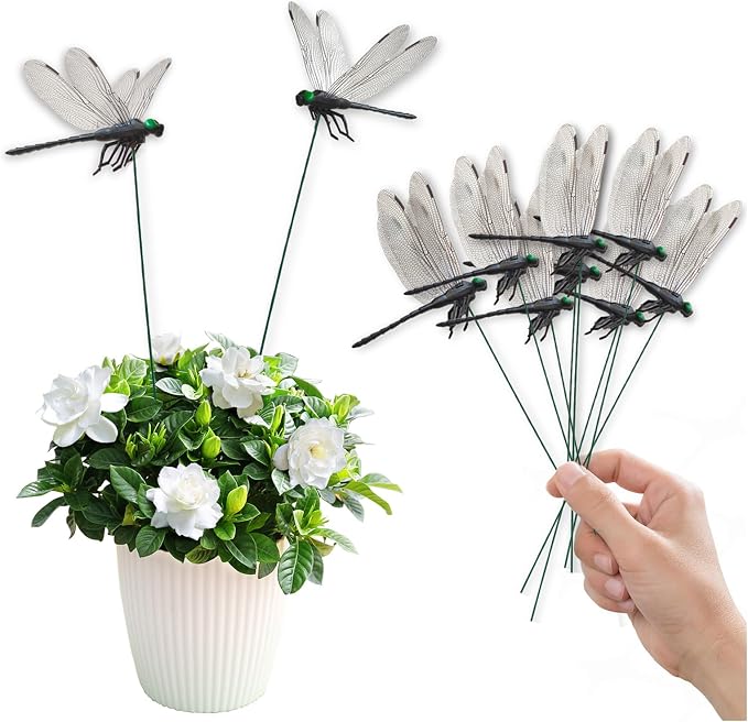 10 Pcs Dragonfly Decorative Stakes, Lifelike 3D Big Dragonflies PVC Dragon Fly Garden Stake for Indoor Outdoor Yard Balcony Plant Flower Pot Decor (Black)