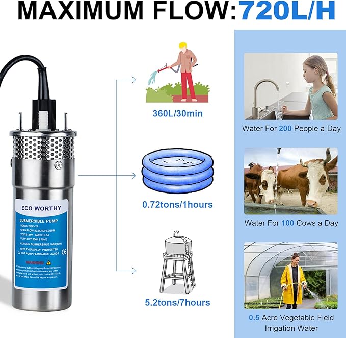 ECO-WORTHY 200W 24V Solar Water Pump System, Large Flow 3.2GPM, 2pcs 100 Watts Solar Panel + Submersible Well Pump + 20A Controller + 16ft Cables for Irrigation Garden Camping