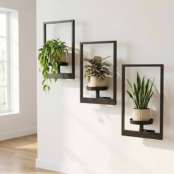 Picture Frame Wall Planters Set of 3, Modern Metal Hanging Shelves for Plants, Rustproof Wall Mount Flower Pot Holder for Indoor Outdoor, Decorative Plant Stand for Living Room Patio, Gold