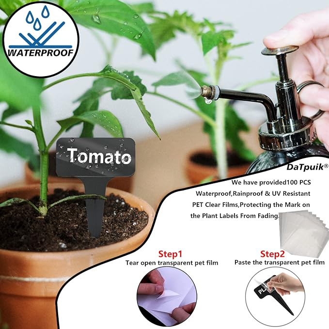 DaTpuik 100 Pcs Waterproof Black Durable Plastic Plant Outdoor Garden Labels Nursery Markers T-Type Thick Tags Re-Usable for Vegetables Seedlings