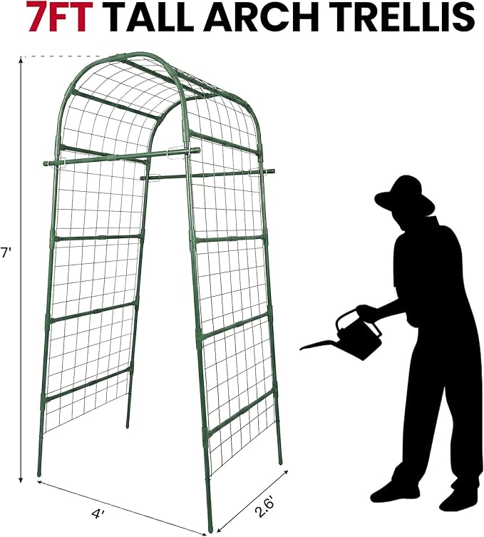 Garden Arch Trellis for Climbing Plants Outdoor, 7 Ft Tall Cucumber Trellis for Raised Bed, Metal Archway Arbor Trellis Support for Vegetables Beans Squash Peas Grape Vines Flowers