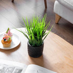 MyGift Artificial Green Grass Plant in Modern Black Concrete Pot with Geometric Embossed Pattern, Tabletop Faux Greenery Decorative Round Cement Planter Home Decor