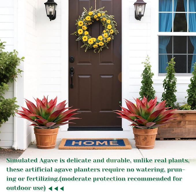 2 Pack Artificial Fall Agave Plants 28 Inch Large Size Faux Succulent Stems Outdoor Decorating Realistic UV Resistant Tropical Plant Plantas Artificiales Decorativas Grandes - 29 Leaves, Red