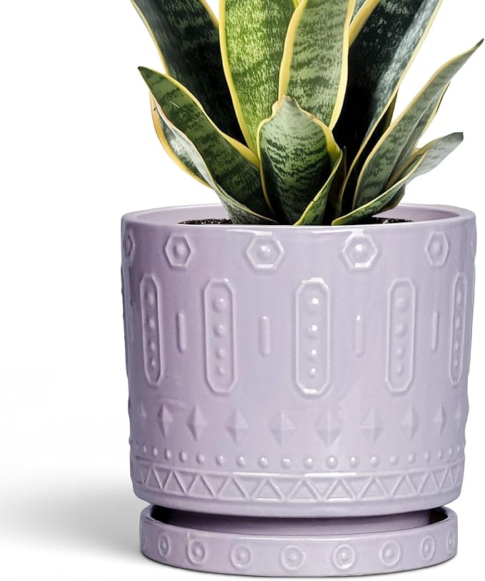 Ceramic Pots for Plants, 6 Inch Plant Pot for Indoor Outdoor Plants, Round Planter with Drainage Holes and Saucer, Boho Decorative Flower Pots, Apartment Decor, Plant Lover Gifts, Purple