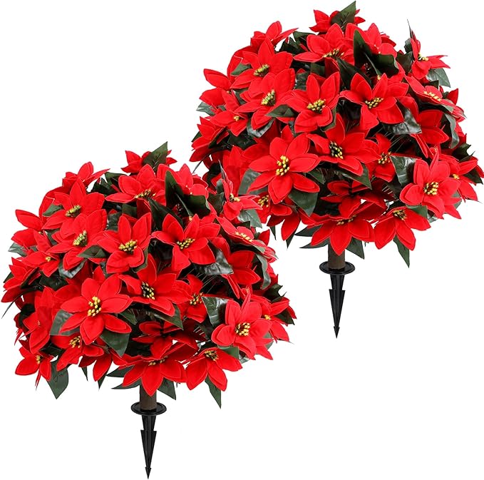 Artificial Poinsettia Topiary Ball Tree 27" with Ground Spike, Set of 2 Artificial Boxwood Bushes for Faux Shrubs, Fake Evergreen Faux Plant for Indoor Outdoor Porch Garden- UV Resistant – Fade-Proof