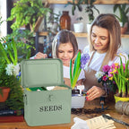 Seed Storage Organizer, T-Shape Compartment Seed Box with Safety Lock, Metal Seed Saving Box, Portable Seed Bin Container with Handle, Including 2 Pens 20 Plant Labels 50 Seed Envelopes-Green