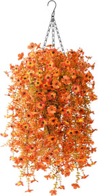 Hommyea Artificial Fall Fake Flowers for Outdoor, 2 Pcs Fake Mums Faux Hanging Flowers Outdoor Fall Decor, UV Resistant Silk Flower for Front Door Porch Planters Patio Yard Garden(Orange Sunset Red)