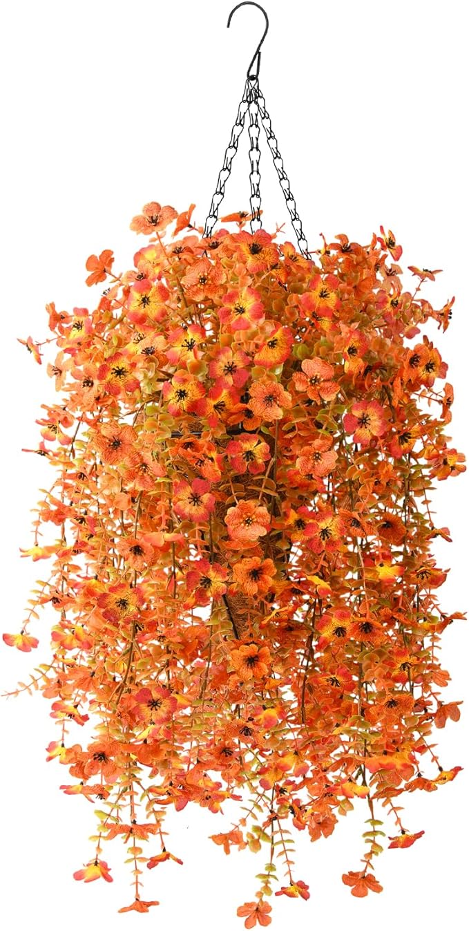 Hommyea Artificial Fall Fake Flowers for Outdoor, 2 Pcs Fake Mums Faux Hanging Flowers Outdoor Fall Decor, UV Resistant Silk Flower for Front Door Porch Planters Patio Yard Garden(Orange Sunset Red)
