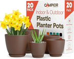 Planter Pots with Drainage Holes - Lightweight, Durable & Space-Saving Pots for Indoor and Outdoor - Versatile Functionality, Simple Modern Design, Set of 20 Plastic Planter Pots - Brown