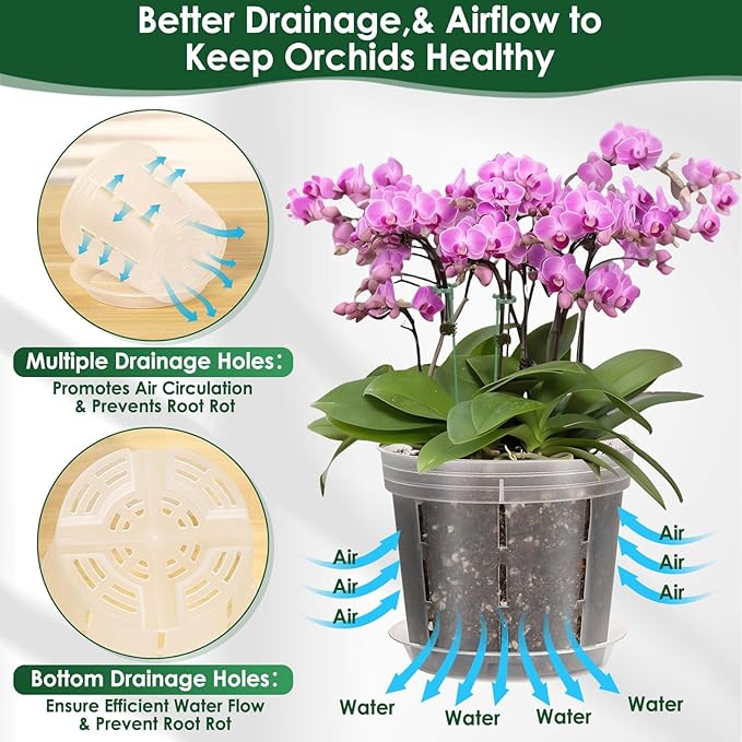 9 Pack Plastic Orchid Pots with Holes, 4, 5, 6 Inch Clear Orchid Pots for Repotting with Saucers Drainage and Plant Stakes, Large Small Breathable Orchids Planter Plant Pot