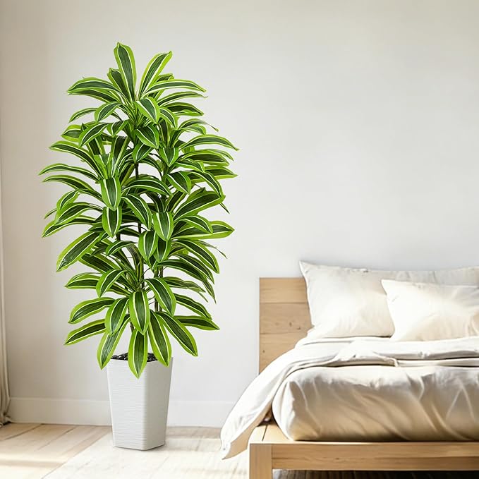 Artificial Yellow Dracaena Tree - 5FT Tall Fake Plants with White Tall Planter - Artificial Plants Indoor Floor Plant in Pot - Large Tropical Fake Yucca Potted Tree for Home Office Living Room Decor