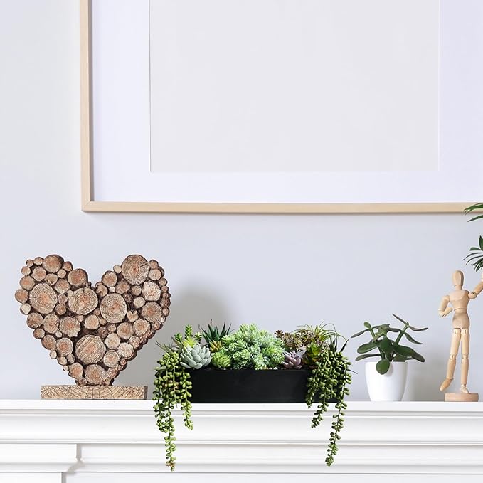 Winlyn 15" Artificial Succulents Arrangement Faux Succulents in Rectangular Black Wooden Planter Box Faux Potted Succulents Plant Garden for Gifts Home Table Centerpiece Mantel Greenery Décor