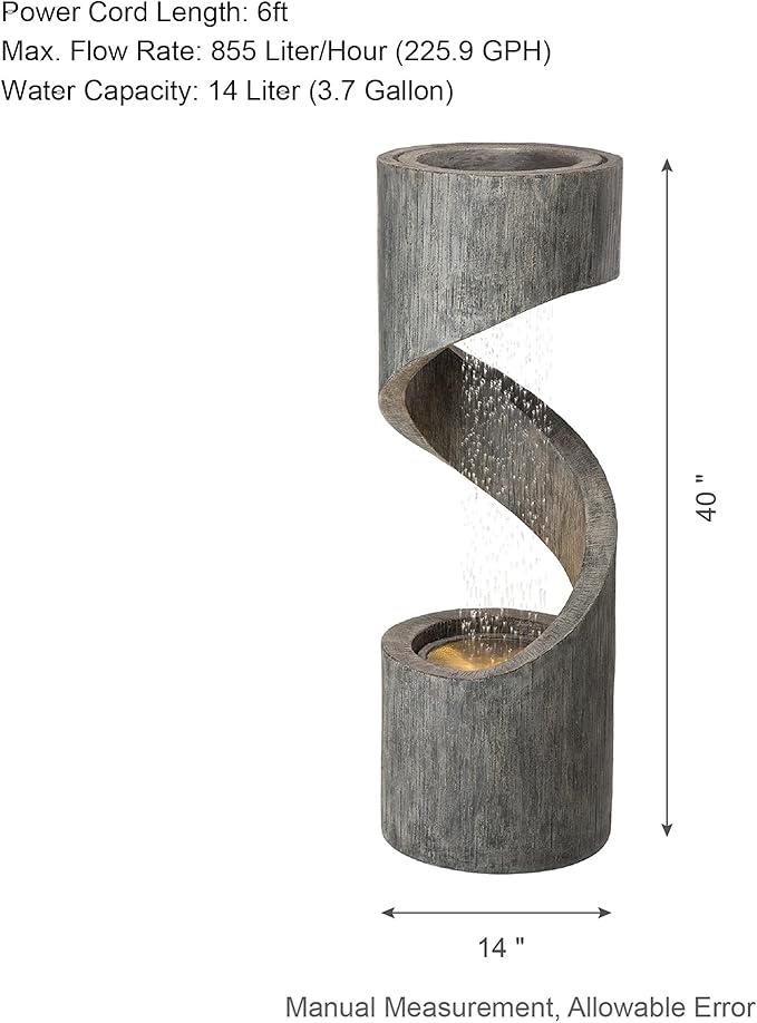 Glitzhome Outdoor Water Fountain with LED Light, Modern Spiral Tiered Outdoor Fountain with Stone Planter, Curved Freestanding Waterfall Fountains for Garden Patio Deck Porch, 40”H