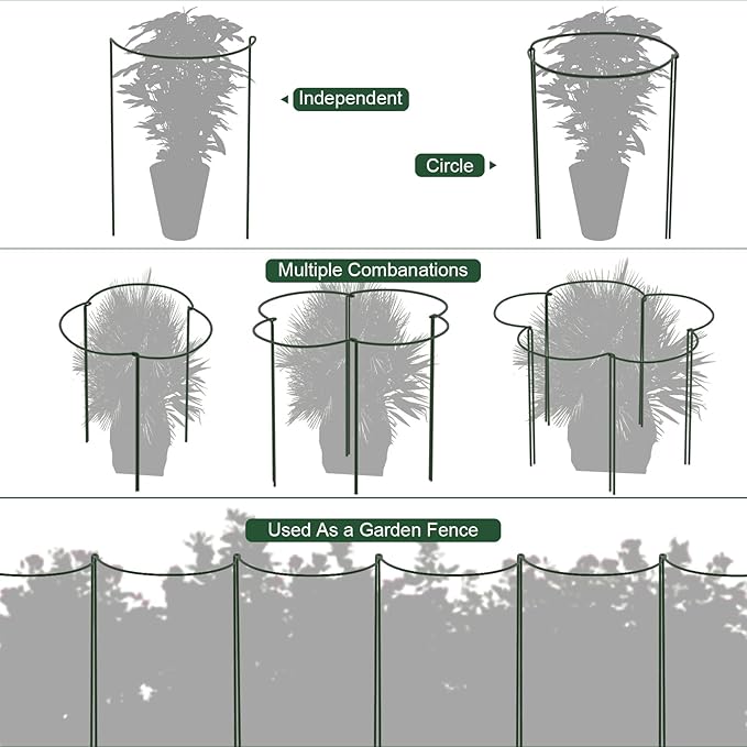 FEED GARDEN 8 Pack Plant Support Stakes, Peony Cages and Supports, Metal Garden Plant Stake(10" Wide x 16" High) Green Half Round Plant Support Rings for Outdoor Indoor Plants, Tomato, Hydrangea