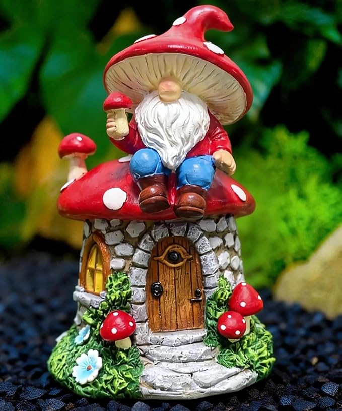 Solar Mushroom Gnomes Houses Figurine Lights, 8" Height Fairy Garden House LED Ornaments for Outside, Lighting Statue for Yard Patio Lawn Porch, Gardening Gifts for Women Mom Grandma