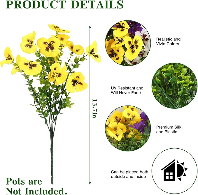 CEWOR 12 Bundles Artificial Flowers for Outdoor Indoor, Fake Silk Pansy with Eucalyptus Leaves, Faux Flower for Garden Front Door Porch Planter Patio Home Decor (Yellow White Purple)