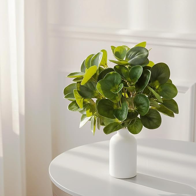 15" Artificial Eucalyptus Stems Potted Plant - Realistic Small Fake Desk Plants for Office Home Decor, Faux Plants in Frosted Ceramic Vase for Indoor Spaces, Wedding Centerpieces Table Decor（2pcs leaf