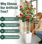 Artificial Camellia Tree 5FT, Red Flower Tree in White Pot, Faux Outdoor Indoor Plant, Christmas,Potted Artificial Flower for Home Office Housewarming Porch Decor (61'' Height)