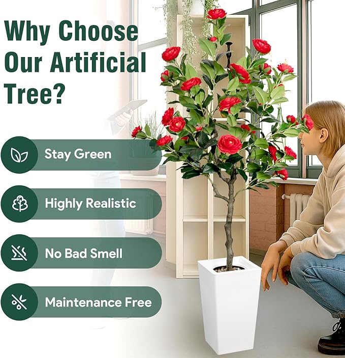 Artificial Camellia Tree 5FT, Red Flower Tree in White Pot, Faux Outdoor Indoor Plant, Christmas,Potted Artificial Flower for Home Office Housewarming Porch Decor (61'' Height)