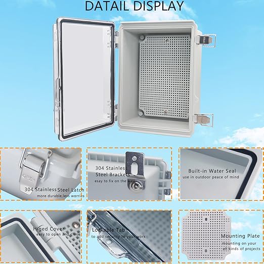 Waterproof Junction Box, ABS Plastic Electrical Box with Stainless Steel Latch, Hinged Cover Electric Project Enclosure Box with Mounting Plate, Wall Brackets & Cable Gland 8.7"x6.7"x4.3"