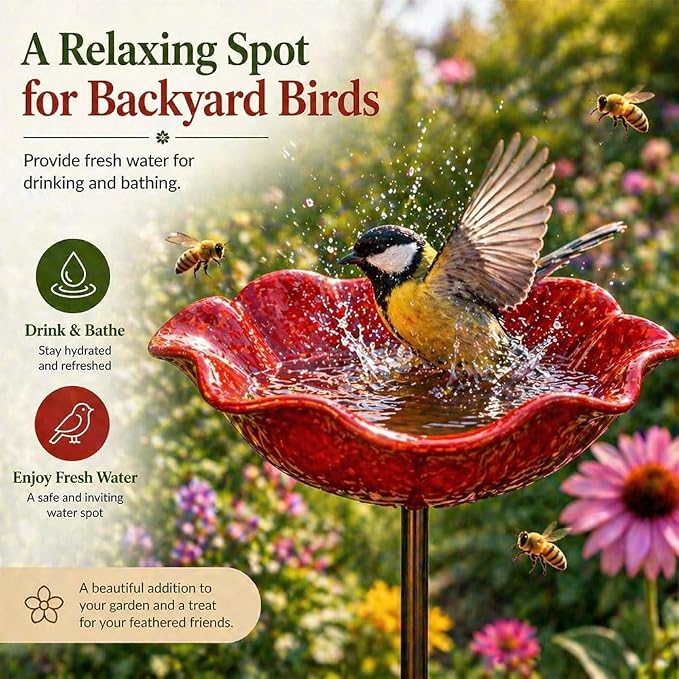 Handmade Metal Flower Garden Stake Metal, Decorative Bird Bath and Bee Watering Station with Flower Design for Outdoor Yard Garden Decor (Yellow)